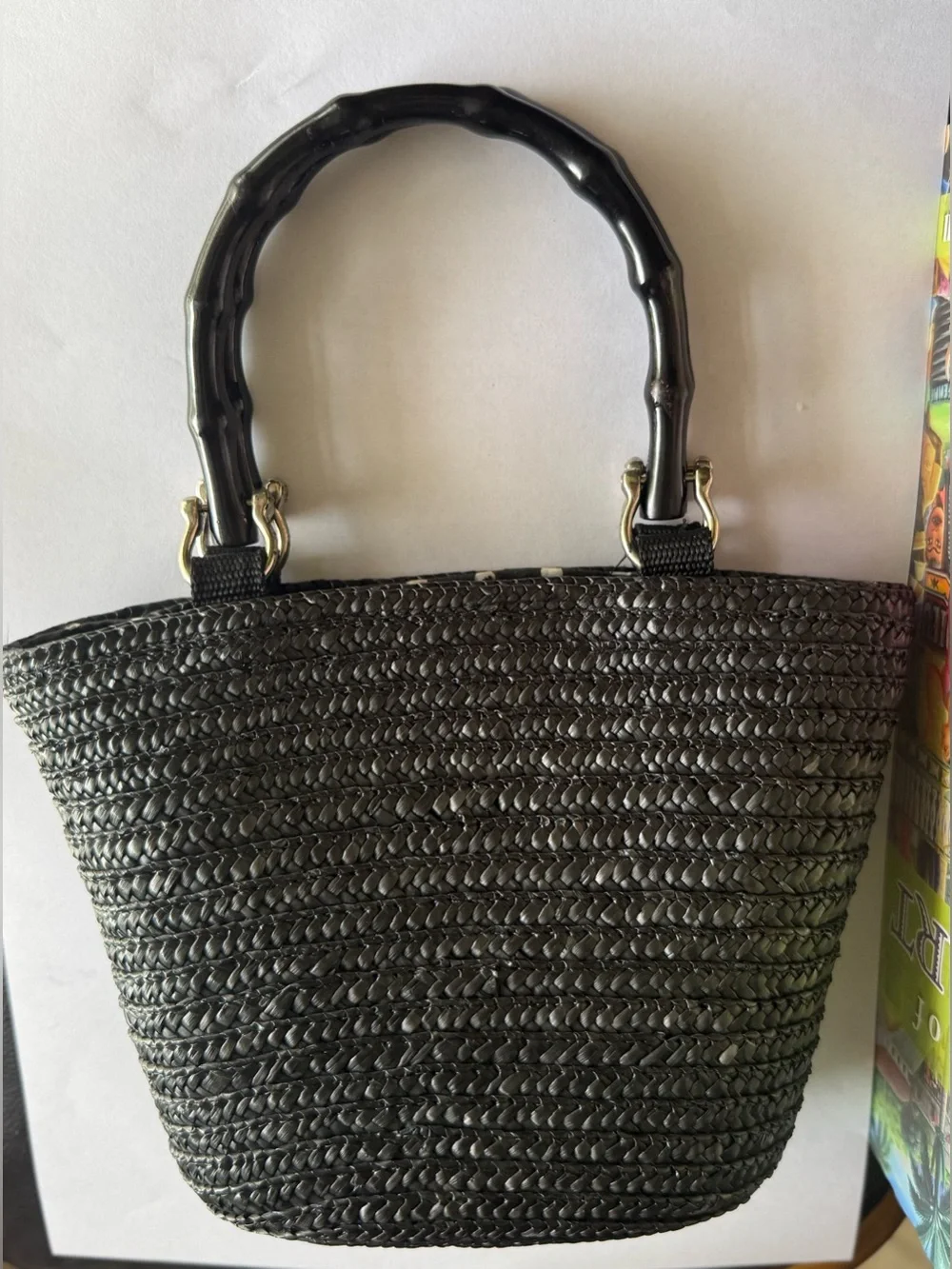 Black 1980s St John’s Bay Woven Handbag with Bamboo Handles polka dot lining